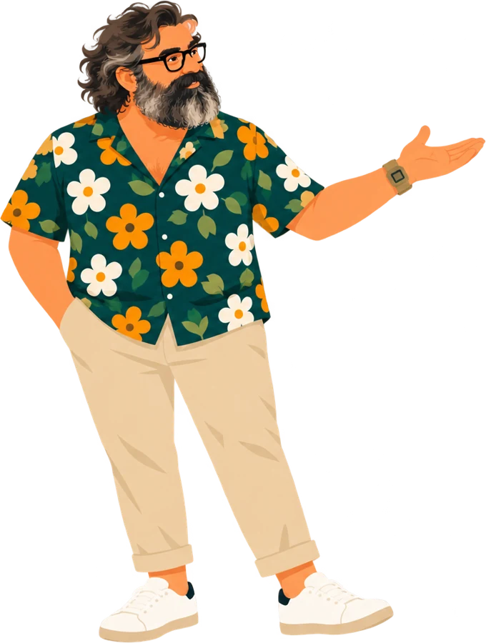 Ilustración de Juan S. Rodríguez, abogado, con camisa de flores