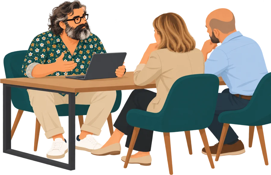 Ilustración de Juan en una reunión con dos clientes de empresa