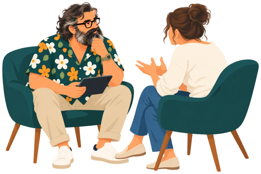 Ilustración de Juan escuchando a una clienta en el despacho
