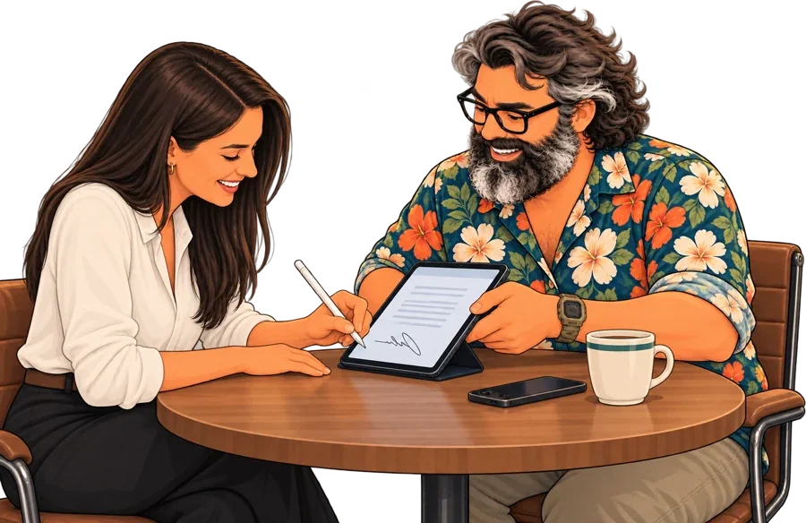 Ilustración de una clienta firmando en la tablet de Juan