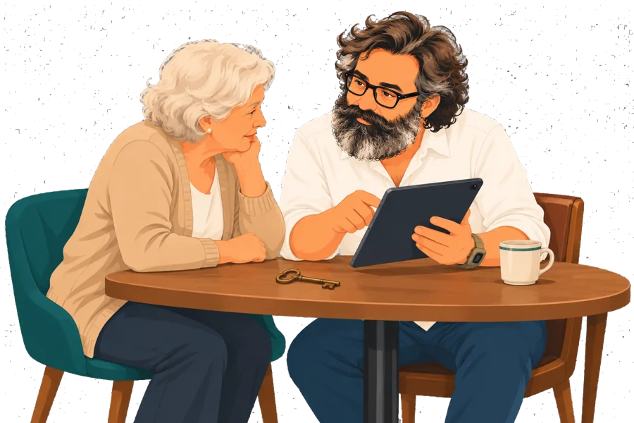 Ilustración de Juan revisando una herencia con una clienta