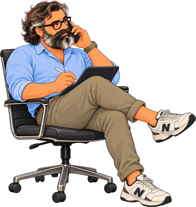 Ilustración de Juan hablando por teléfono y tomando notas en la tablet