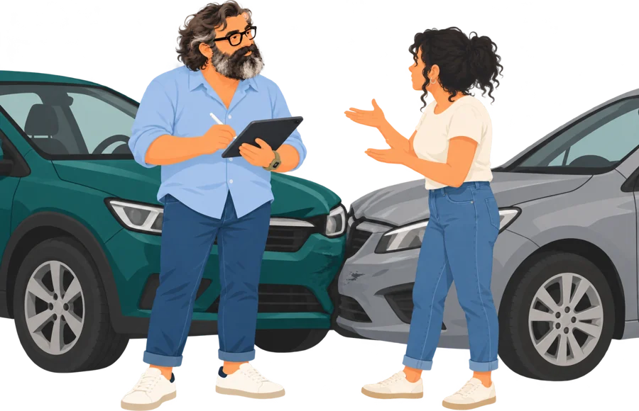 Ilustración de Juan atendiendo a un cliente tras un accidente de tráfico